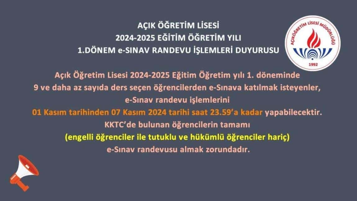 Açık Öğretim Lisesi 2024-2025 Eğitim Öğretim Yılı 1. Dönem e-Sınav Randevu İşlemleri 